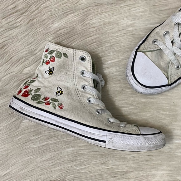 Converse White Strawberry Embroidered Berries and Bees High Top Sneakers - Picture 2 of 16